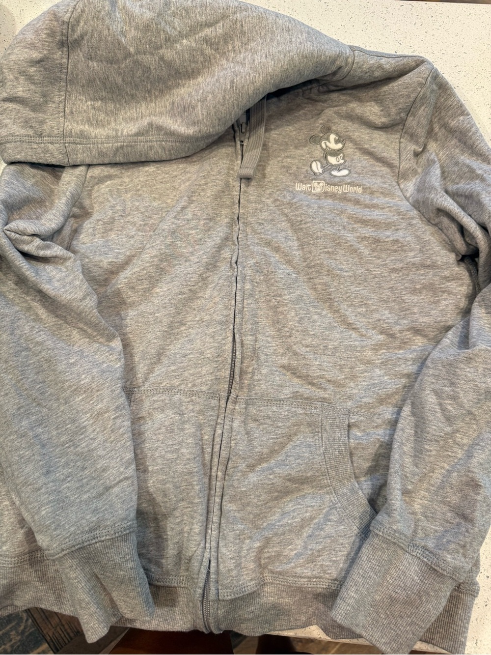 Disney Fleece Lined Light Gray Hooded Zip Sweatshirt with Mickey Graphic